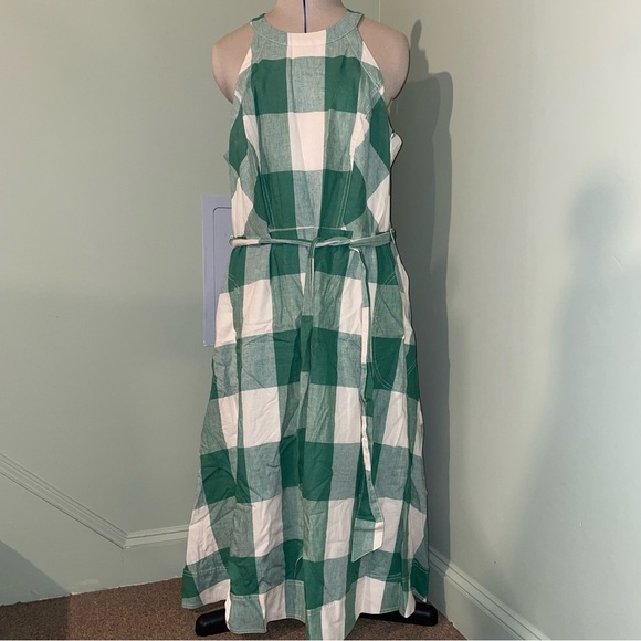 Anthropologie 16W Maeve Greta Green Gingham Check Linen Blend Halter Midi Dress - Picture 2 of 10